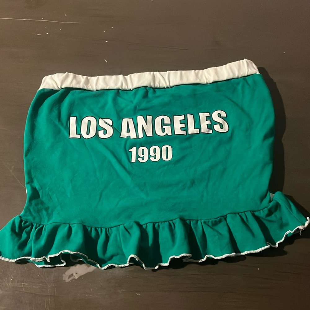 Women’s small, green tube top, “Los Angeles, 1990”